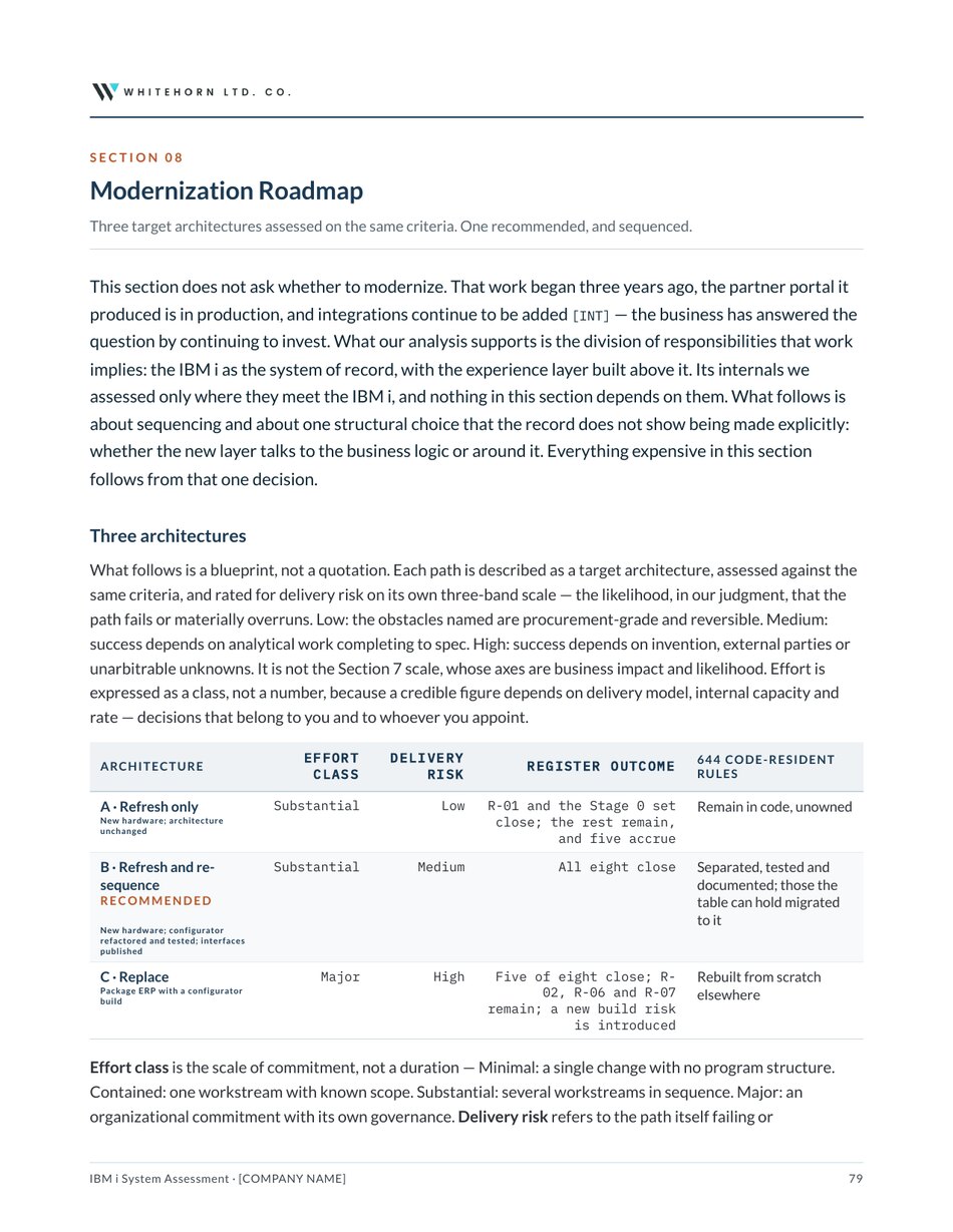 A page from the assessment comparing target architectures on effort, delivery risk and outcome.