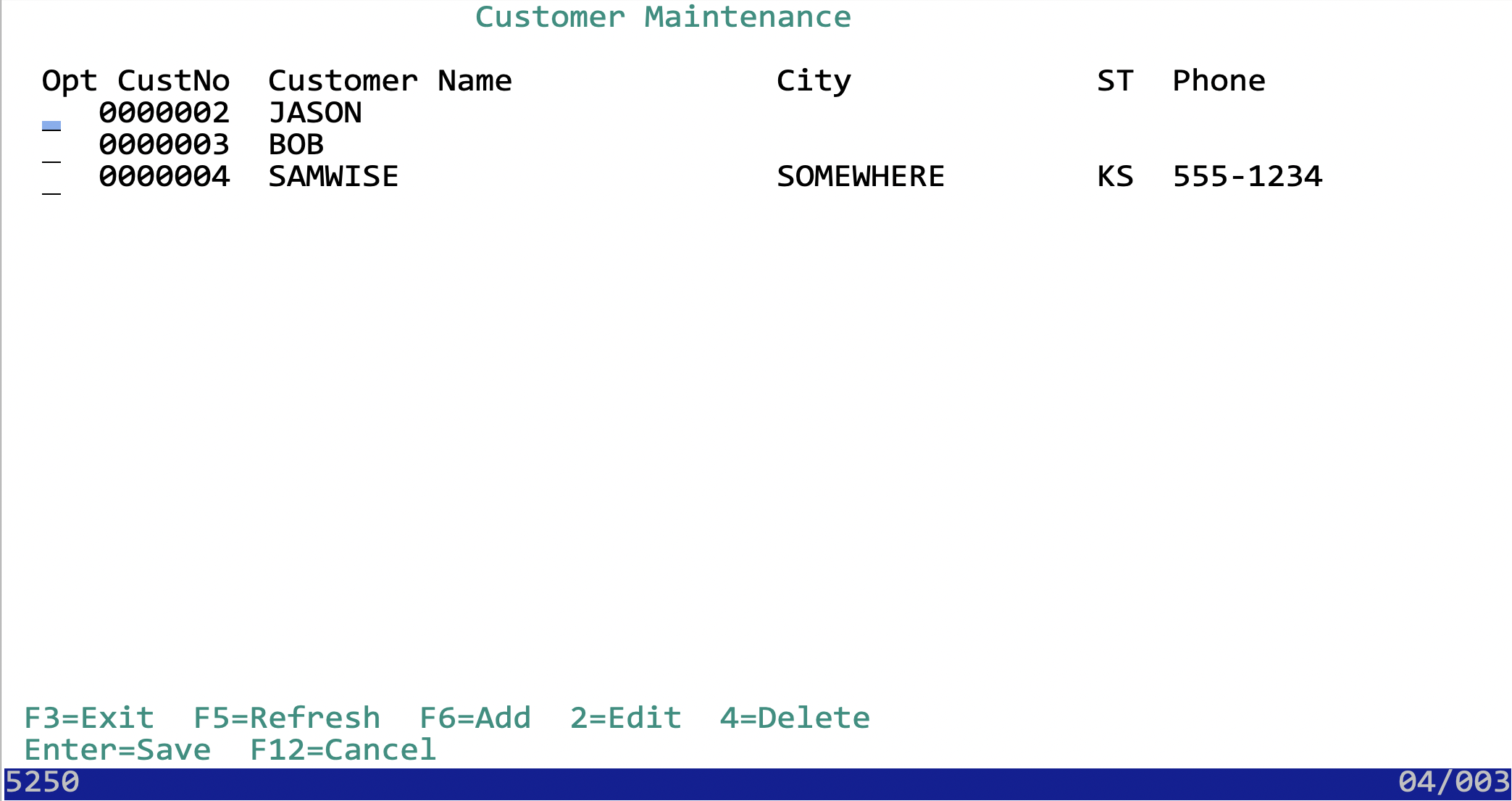 The Customer Maintenance RPG program running on a 5250 green-screen terminal.