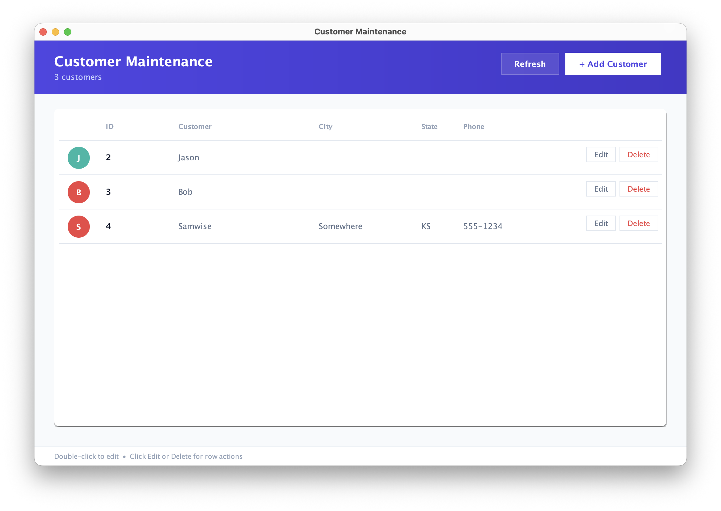 The same Customer Maintenance program running as a modern Java desktop application.
